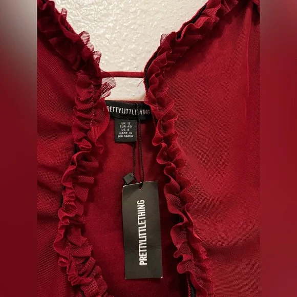 PrettyLittleThing Burgundy Ruffle Cut-Out Backless Mini Dress - Picture 3 of 5